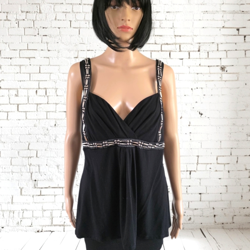 Le Chateau Black Sleeveless Sweatheart Neck Top, Silver Beaded Accents,Size XL - Picture 1 of 12